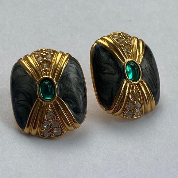 Kenneth Jay Lane Gold and Black Earrings with Green Accent - Picture 2 of 4